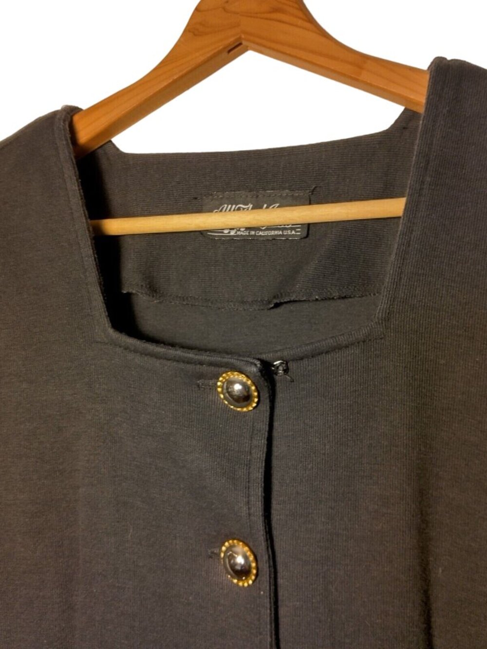 Vintage All That Jazz Dress 38 Bust Black Short Slv Silver Gold Button Retro - Picture 8 of 9